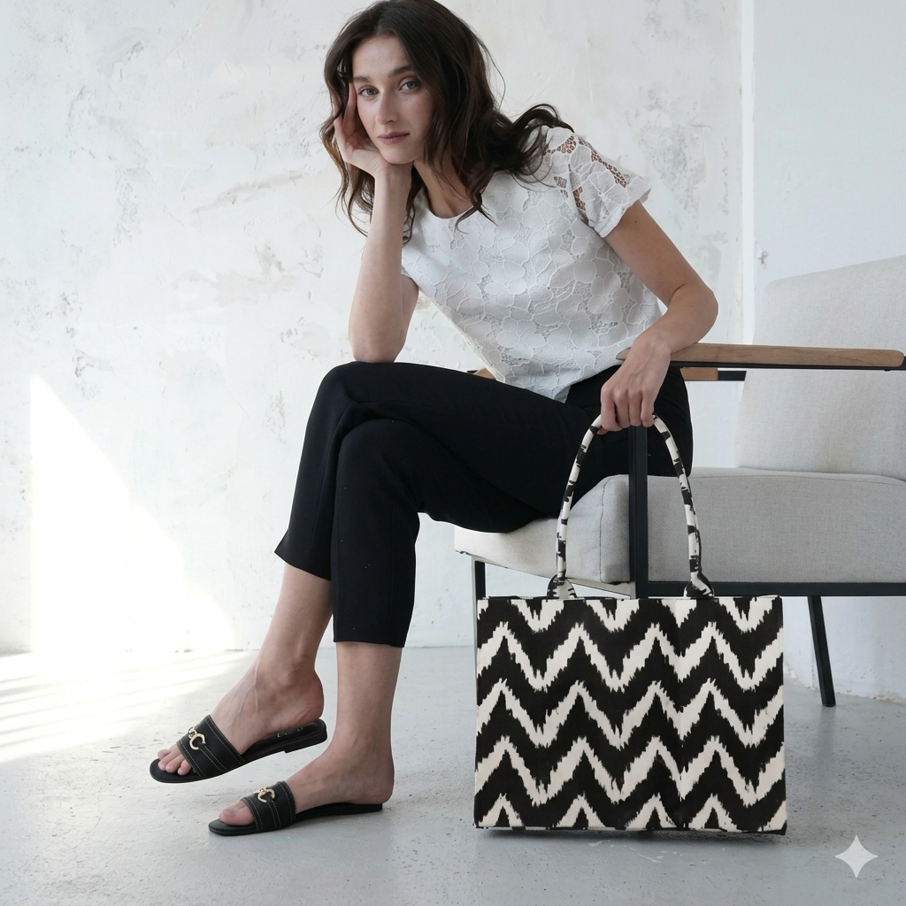 Black off-white canvas tote bag